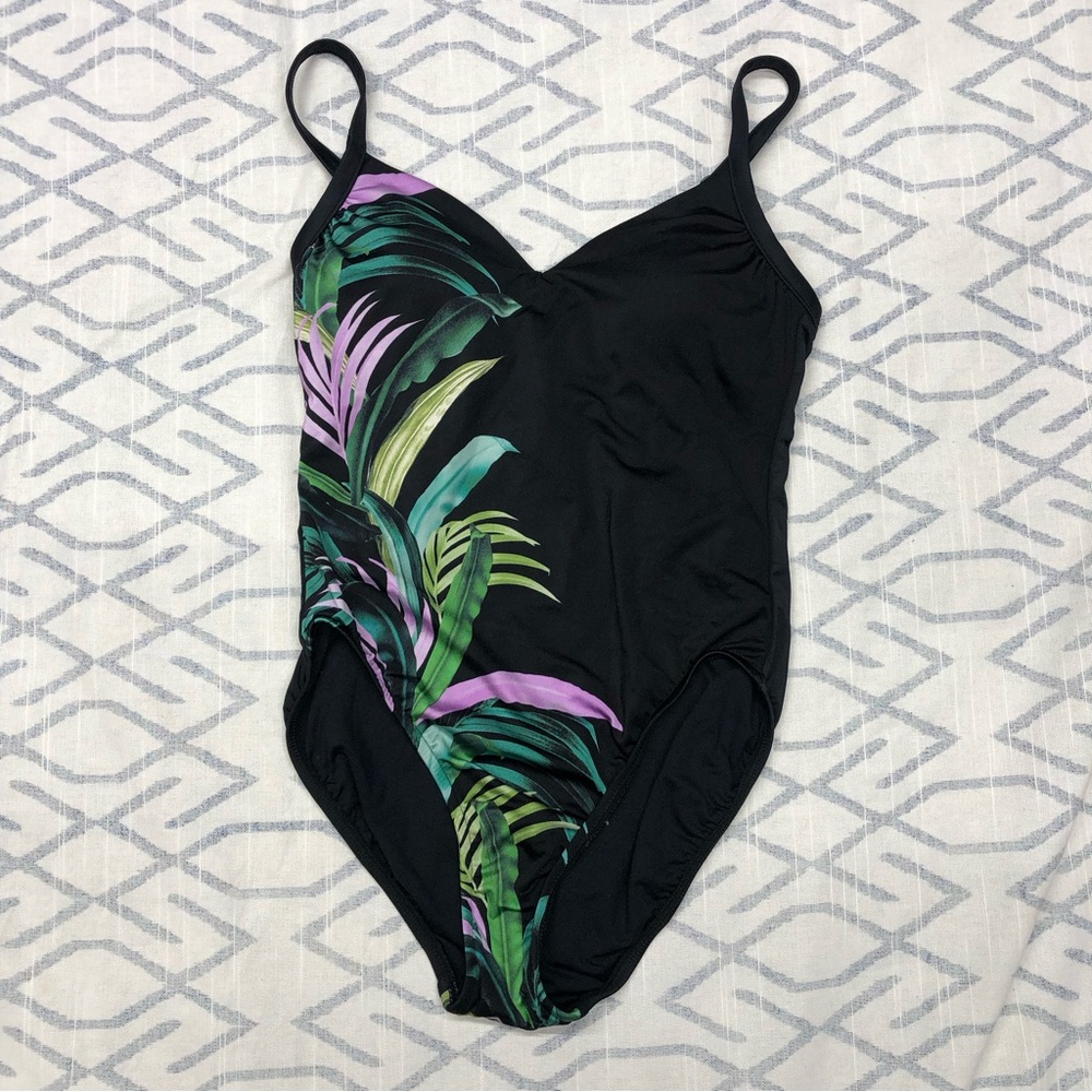 NEW seafolly 6 one piece swimsuit black tropical leaf print v neck
